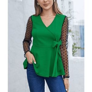 Green & Black Polka Dot Sheer-Sleeve Surplice Top XL